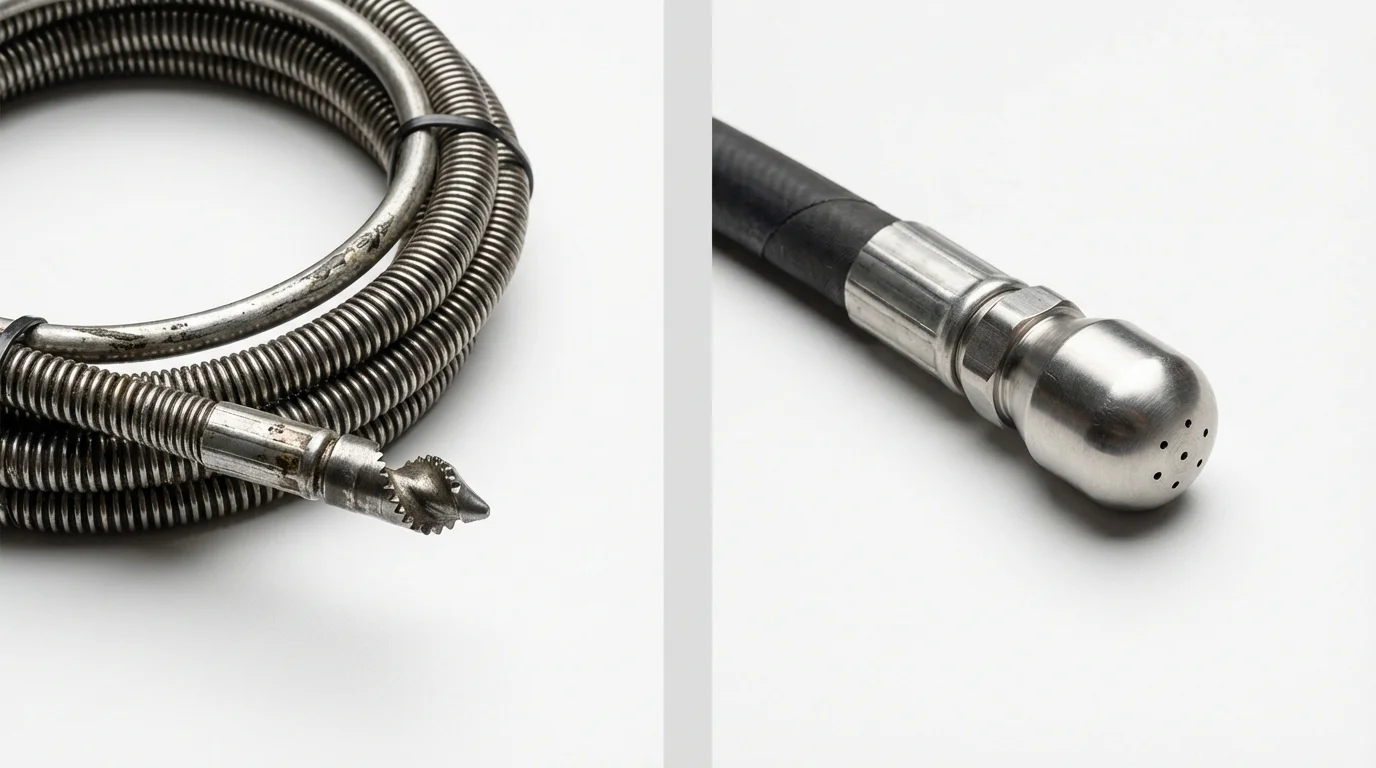 Drain snake cable and hydro jetting nozzle used for drain cleaning in Madison, NE