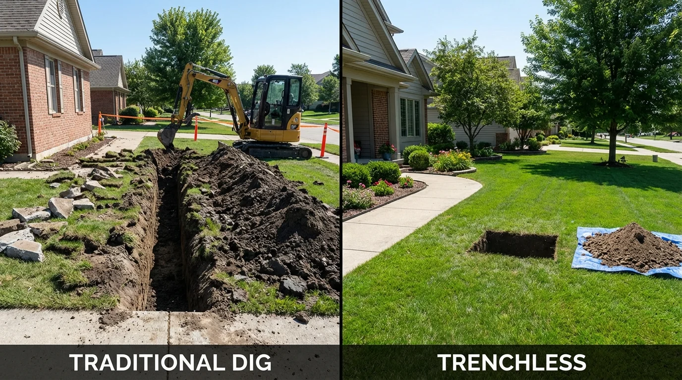 Trenchless sewer repair with minimal yard damage versus traditional excavation in Madison, NE