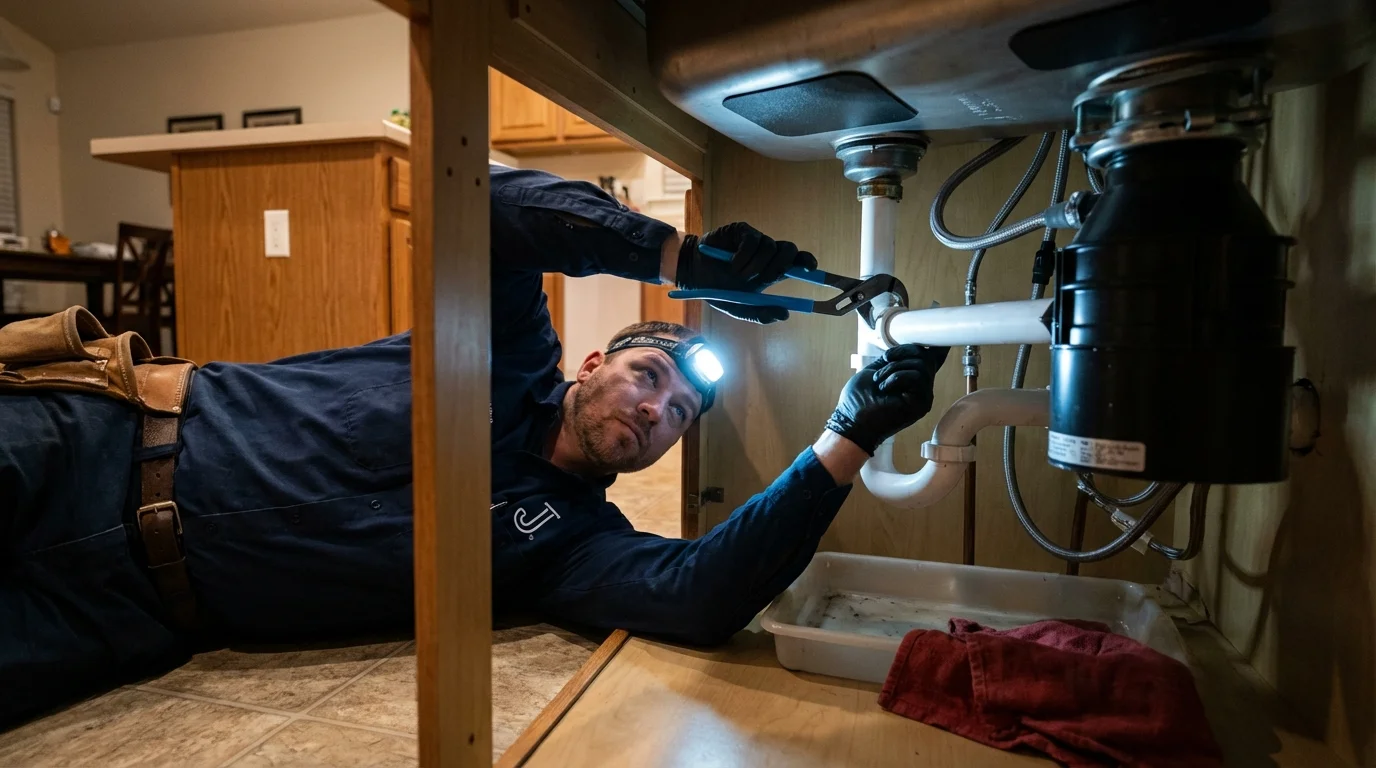 P-trap and supply line connections under a kitchen sink showing a common leak point in Madison, NE